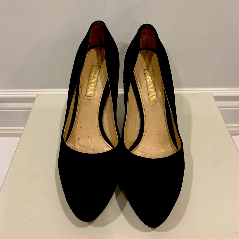 Prada black classic suede platform pumps
